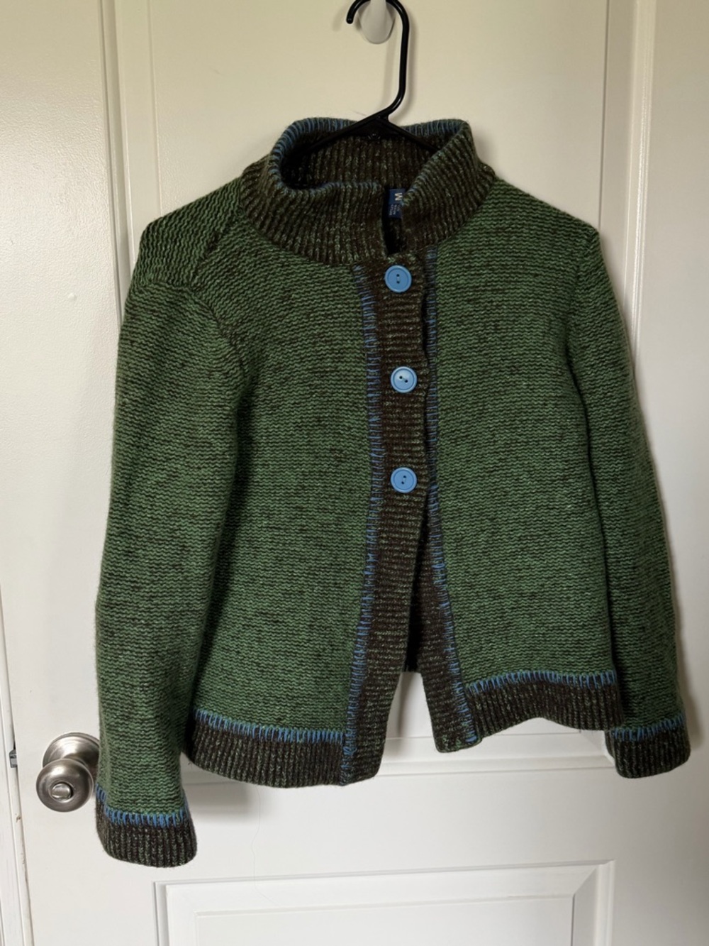 Nua Ireland Merino Wool & Silk Knit Cardigan Green Marled Blue Stitching Medium